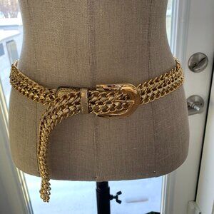 Vintage Braided Woven Belt M/L Gold Metallic Chain Faux Leather 80s 90s Glam